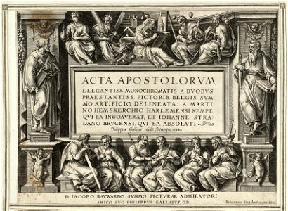 Titelblad van de ongenummerde, achttiendelige prentenserie getiteld 'Acta Apostolorum' 'Handelingen van de apostelen'. NL-HlmNHA 1477 53008150