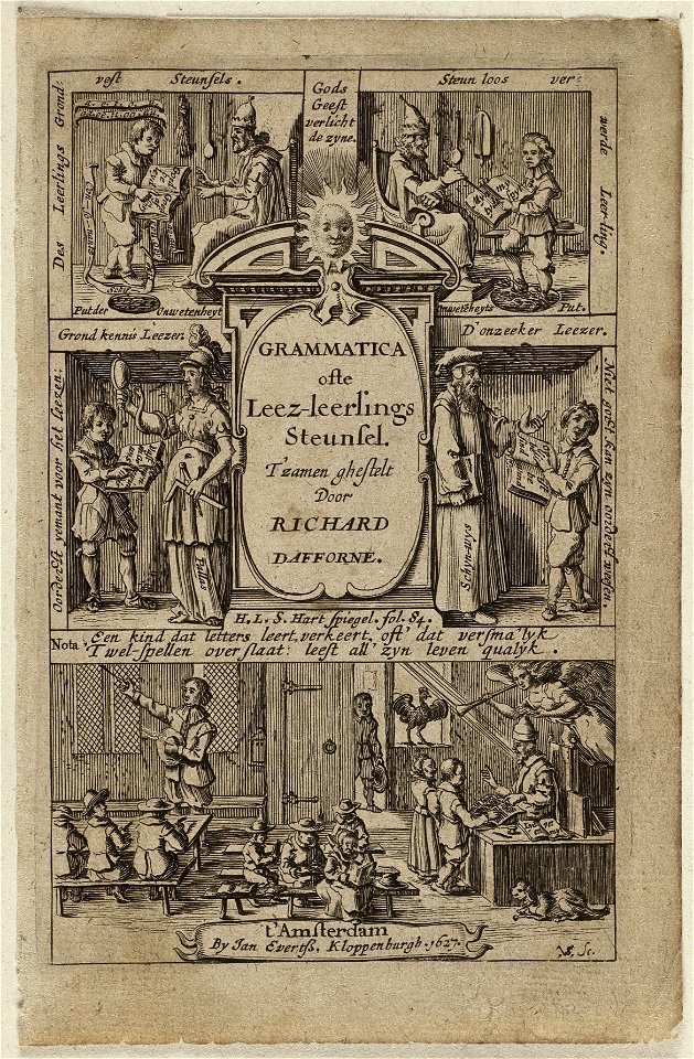 Titelpagina van Richard Daffone Grammatica ofte Leez-leerlings steunsel. uitgegeven door Jan Evertss Kloppenburgh te Amsterdam. NL-HlmNHA 1477 53011667
