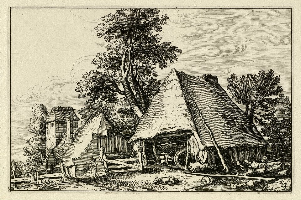 Tussen het geboomte liggen een schuur en een boerderij. In de schuur staat een kar. NL-HlmNHA 1477 53013243