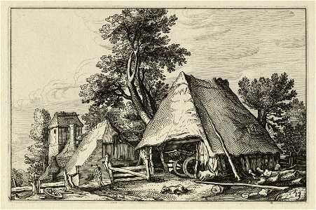 Tussen het geboomte liggen een schuur en een boerderij. In de schuur staat een kar. NL-HlmNHA 1477 53013243