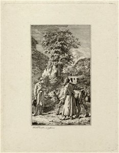 Twee mannen bij een koe in een berglandschap bij een waterval. NL-HlmNHA 1477 53012149
