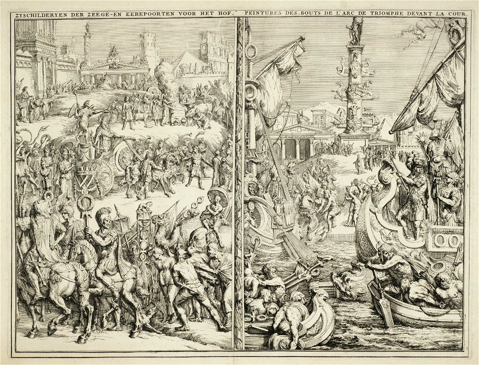Twee schilderijen op de zijden van de triomfbogen opgesteld voor het Buitenhof voor de inkomst van Willem III, 5 februari 1691. NL-HlmNHA 53009146