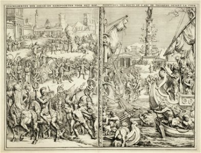 Twee schilderijen op de zijden van de triomfbogen opgesteld voor het Buitenhof voor de inkomst van Willem III, 5 februari 1691. NL-HlmNHA 53009146