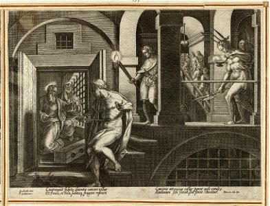 Tiende prent uit de ongenummerde, achttiendelige prentenserie getiteld 'Acta Apostolorum' 'Handelingen van de apostelen'. NL-HlmNHA 1477 53008166
