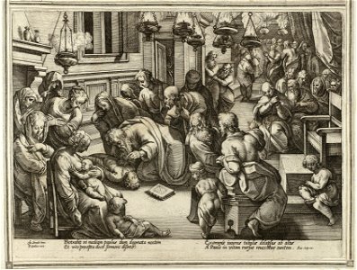 Twaalfde prent uit de ongenummerde, achttiendelige prentenserie getiteld 'Acta Apostolorum' 'Handelingen van de apostelen'. NL-HlmNHA 1477 53008164