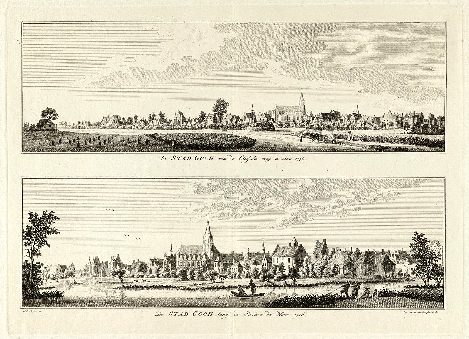 Twee gezichten op de Duitse stad Goch. Op de voorgrond akkers (boven) en rivier de Niers (onder), 1746. NL-HlmNHA 1477 53009694
