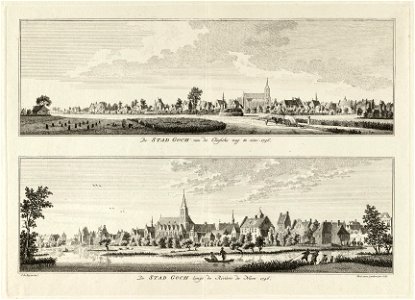 Twee gezichten op de Duitse stad Goch. Op de voorgrond akkers (boven) en rivier de Niers (onder), 1746. NL-HlmNHA 1477 53009694