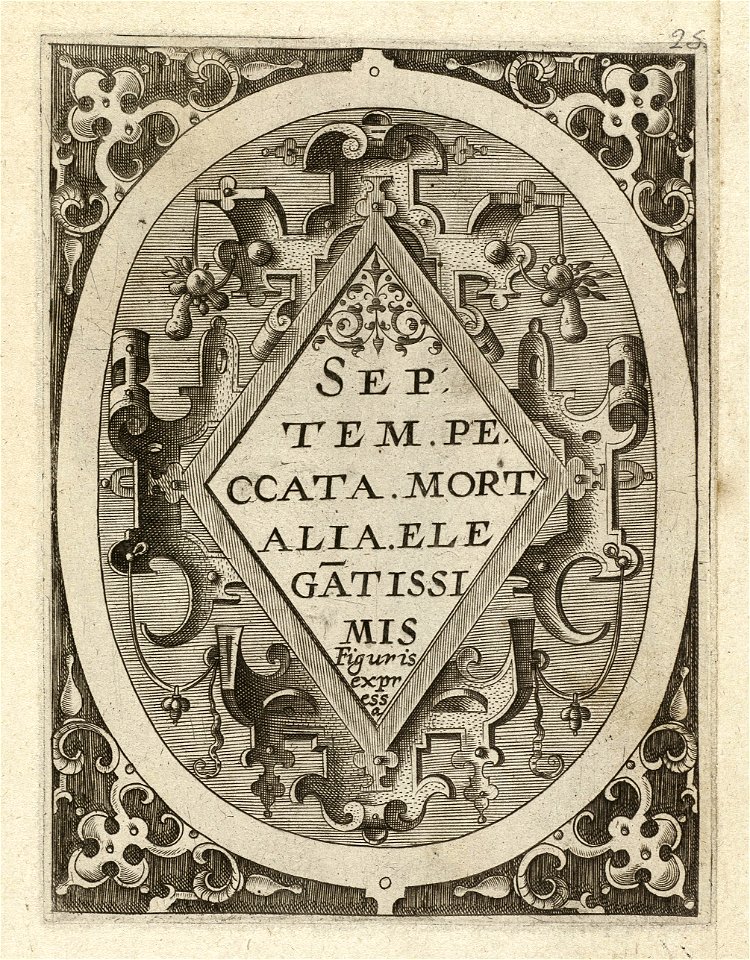 Titelblad met rolwerkcartouche van de zevendelige, ongenummerde prentenserie met de personificaties van de zeven hoofdzonden en hun attributen. Gravure en ontwerptekening toegeschreven aan G, NL-HlmNHA 1477 53008355