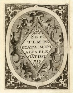 Titelblad met rolwerkcartouche van de zevendelige, ongenummerde prentenserie met de personificaties van de zeven hoofdzonden en hun attributen. Gravure en ontwerptekening toegeschreven aan G, NL-HlmNHA 1477 53008355