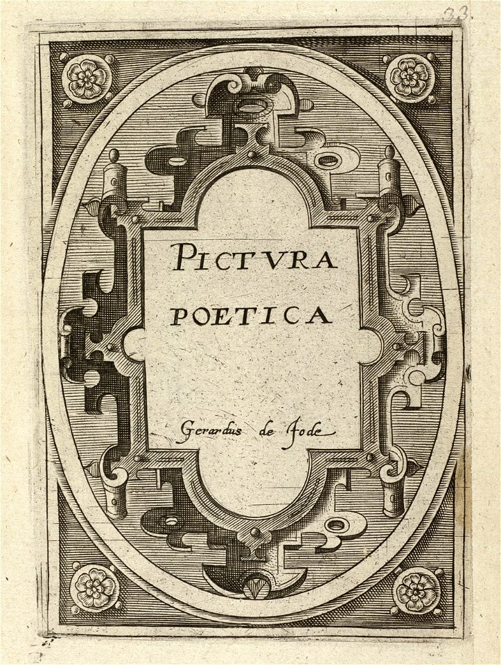 Titelblad met rolwerkcartouche van de zevendelige, ongenummerde prentenserie getiteld Pictura Poesis met klassieke goden en mythologische figuren die verband houden met het mythologische ver, NL-HlmNHA 1477 53008363