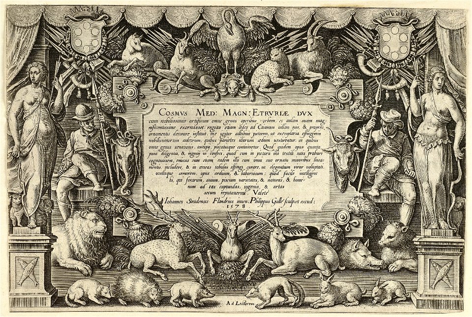 Titelblad van de oorspronkelijk ongenummerde, maar latere edities genummerde, vierenveertigdelige prentenserie met jachttaferelen. NL-HlmNHA 1477 53008397