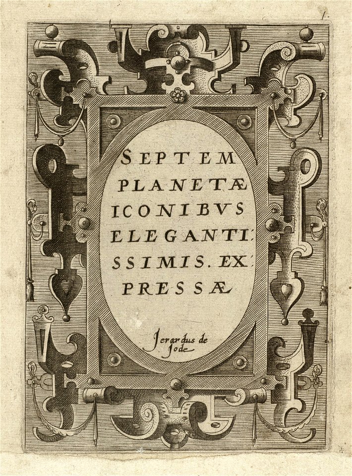 Titelblad met rolwerkcartouche van de zevendelige, ongenummerde prentenserie over de Planeten en hun teken uit de dierenriem. NL-HlmNHA 1477 53008331