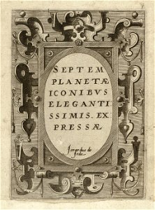 Titelblad met rolwerkcartouche van de zevendelige, ongenummerde prentenserie over de Planeten en hun teken uit de dierenriem. NL-HlmNHA 1477 53008331