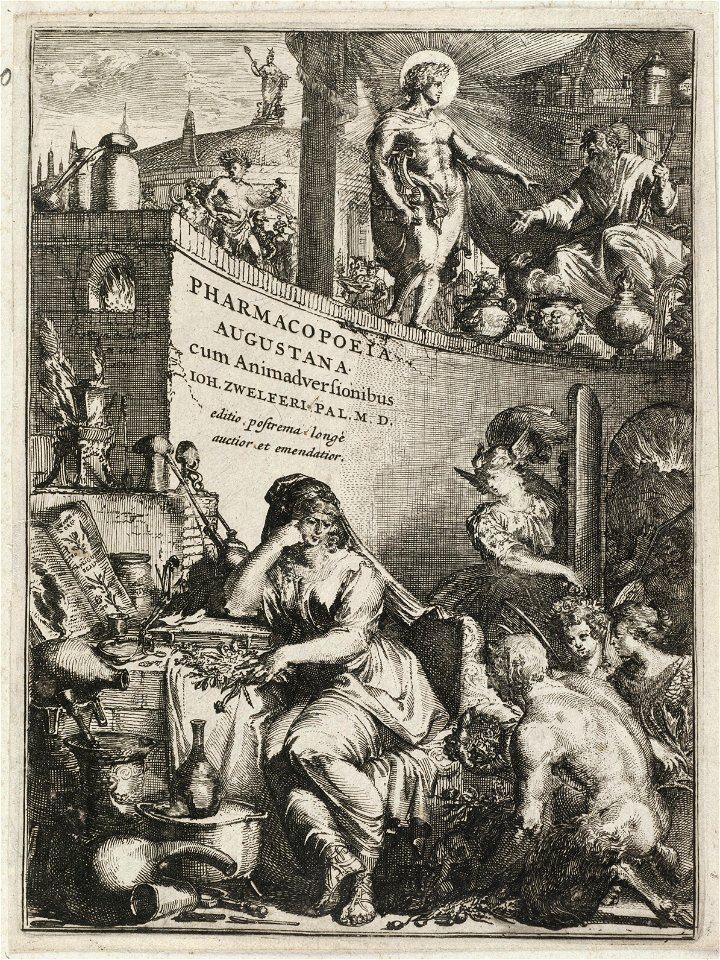 Titelprent voor Pharmacopoeia Augustana reformata van Johannes Zwelfer, Dordrecht 1672. NL-HlmNHA 53008748