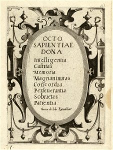 Titelblad, in rolwerk ornamentele lijst, van een genummerde, achtdelige prentenserie getiteld Octo sapientia dona met personificaties van kleine deugden. NL-HlmNHA 1477 53008371