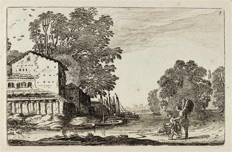 Tobias, met onder zijn arm de vis, en de engel onderweg op een pad in een landschap met een ruïne van een huis (Tobit 4-6). NL-HlmNHA 53012443