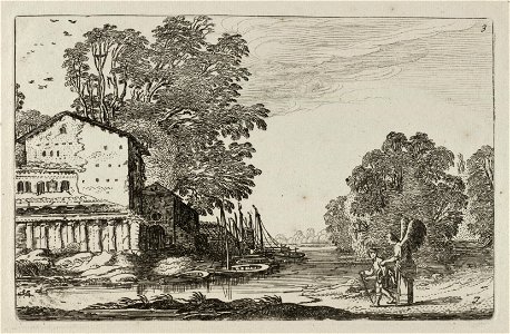 Tobias, met onder zijn arm de vis, en de engel onderweg op een pad in een landschap met een ruïne van een huis (Tobit 4-6). NL-HlmNHA 53012443