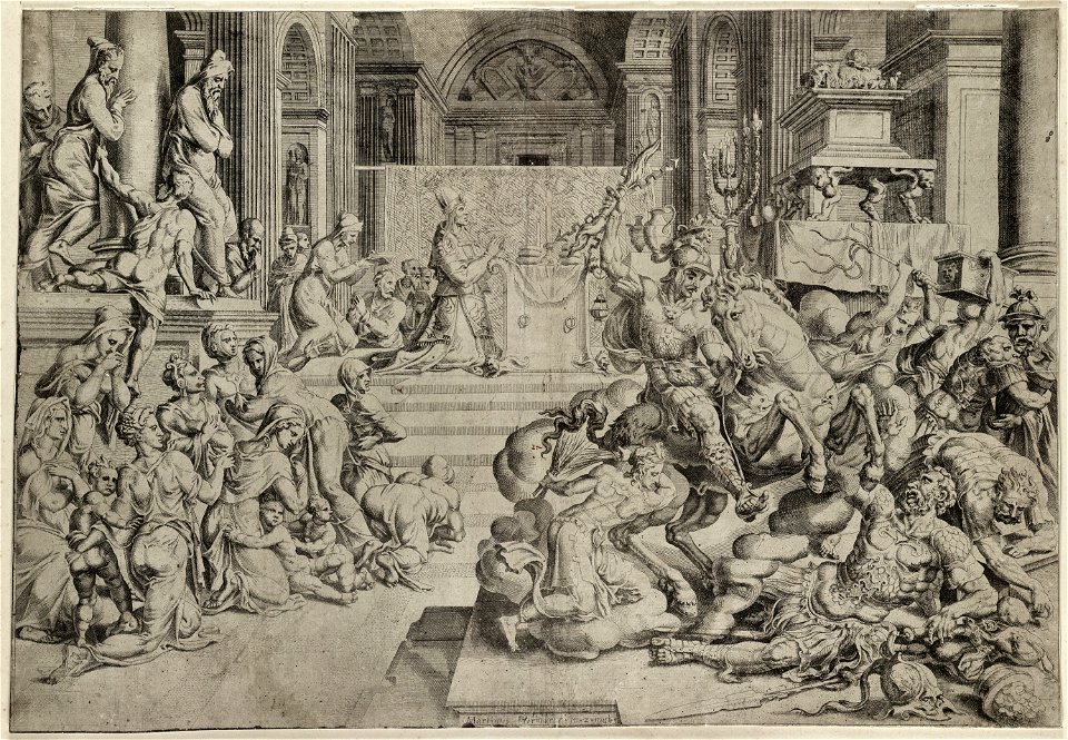Verdrijving van Heliodorus uit de tempel (2 Makkabeeën 325-26). NL-HlmNHA 1477 53008588