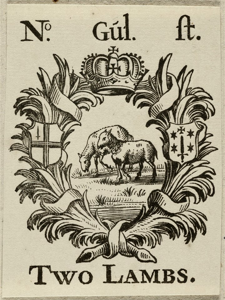 Vignet Two Lambs, met stadswapen van Haarlem en City of London, NL-HlmNHA 1477 53012709