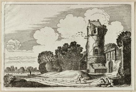 Vervallen ronde toren in een landschap. NL-HlmNHA 53012399