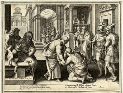 Vierde prent uit de ongenummerde, achttiendelige prentenserie getiteld 'Acta Apostolorum' 'Handelingen van de apostelen'. NL-HlmNHA 1477 53008153