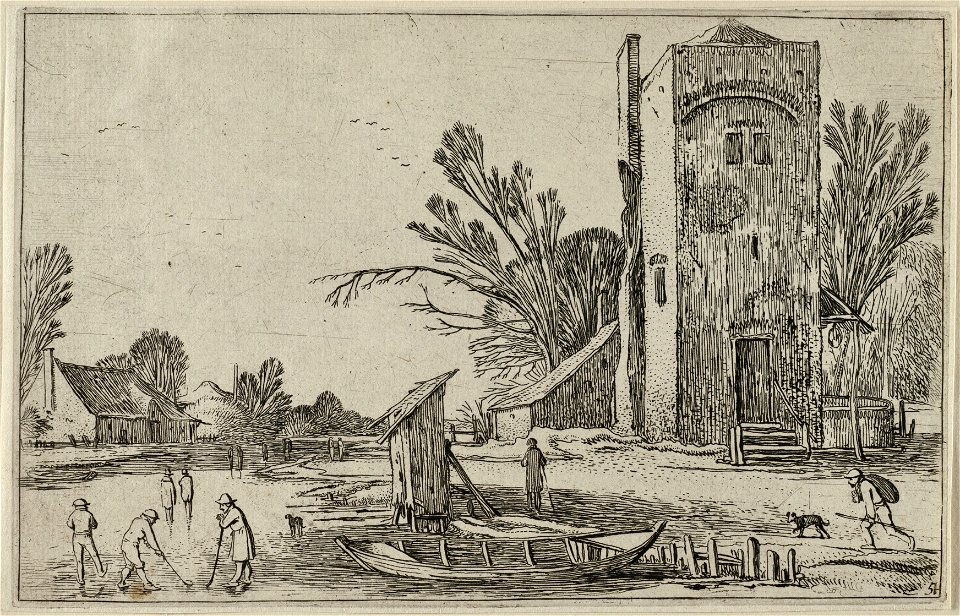Vierkante toren bij een bevroren rivier met kolfspelers. NL-HlmNHA 53012215
