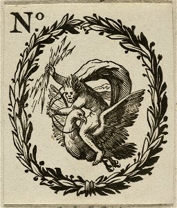 Vignet van Jupiter met bliksemstralen in de hand op een adelaar, een lauwerkrans. NL-HlmNHA 1477 53012724