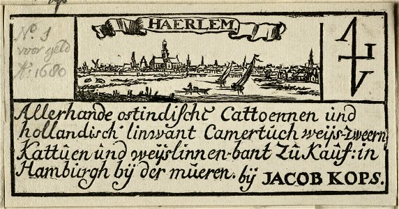 Vignet van Jacob Kops met gezicht op Haarlem vanaf het Spaarne. NL-HlmNHA 1477 53012729