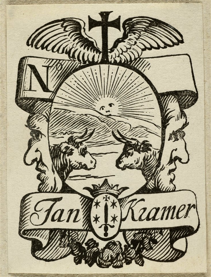 Vignet van Jan Kramer met twee ossenkoppen, opgaande zon en stadswapen van Haarlem. NL-HlmNHA 1477 53012737