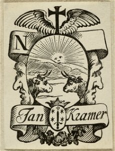 Vignet van Jan Kramer met twee ossenkoppen, opgaande zon en stadswapen van Haarlem. NL-HlmNHA 1477 53012737