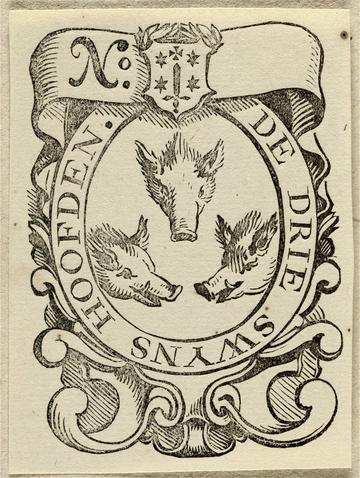Vignet De drie swyns hoofden, met stadswapen van Haarlem. NL-HlmNHA 1477 53012704