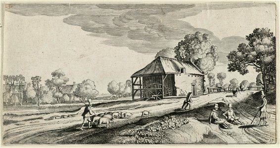 Wegsplitsing voor een watermolen aan een rivier. Links een herder met een kudde varkens en een man met een kind rechts een groepje pratende heren. NL-HlmNHA 53012390