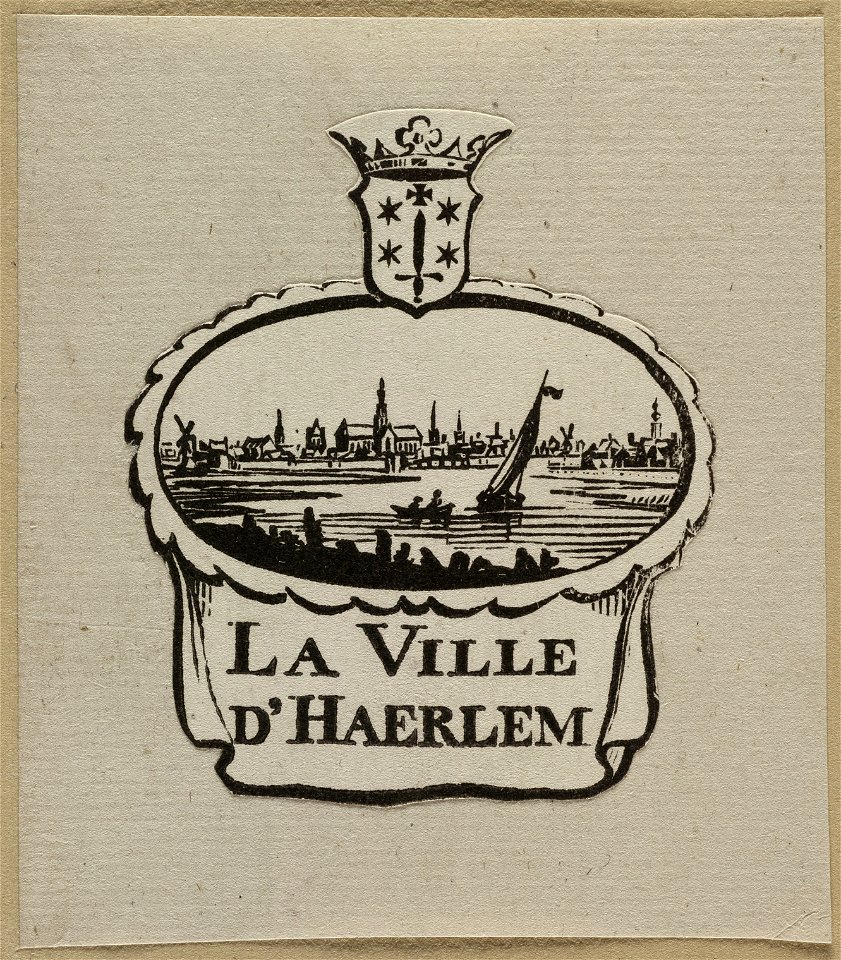 Vignet met stadswapen en panoramagezicht op Haarlem. NL-HlmNHA 1477 53012687