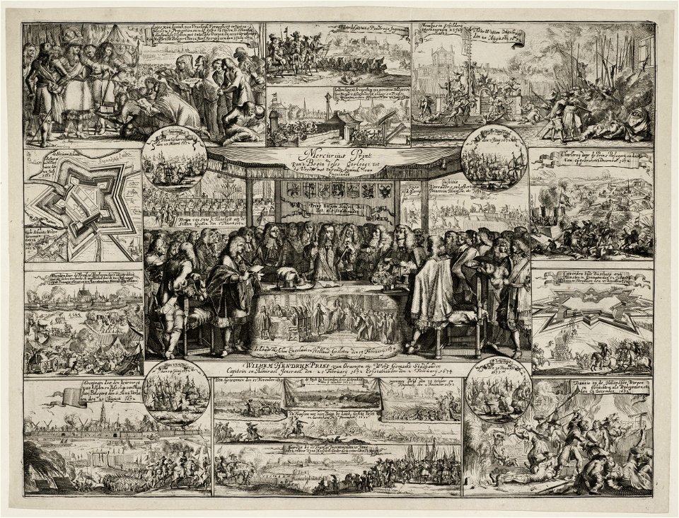 Voorstelling van de gebeurtenissen vanaf 1672 tot aan de vrede met Engeland gesloten op 19 februari 1674. NL-HlmNHA 53009060