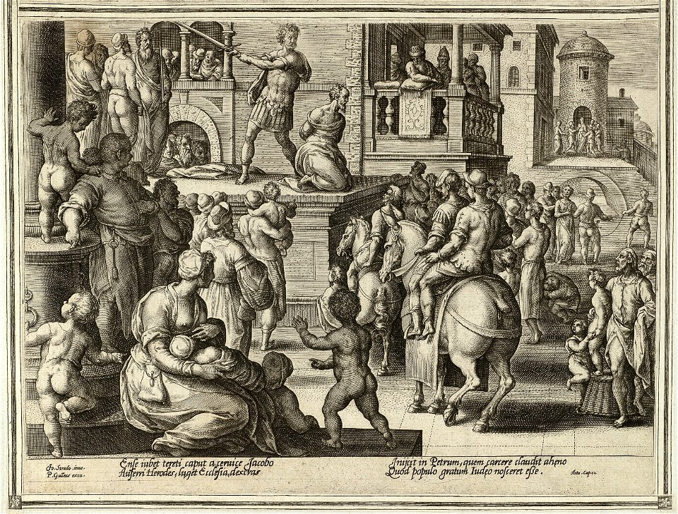 Vijfde prent uit de ongenummerde, achttiendelige prentenserie getiteld 'Acta Apostolorum' 'Handelingen van de apostelen'. NL-HlmNHA 1477 53008155