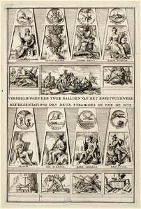Verbeeldingen der twee naalden van het konstvuurwerk Representations des deux pyramides du feu de joye, NL-HlmNHA 53008710
