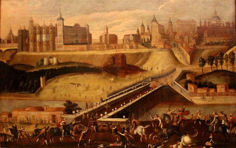 Vista de la salida de Madrid desde la salida del puente de Segovia con toros desmandados. Museo de Historia de Madrid (cropped)