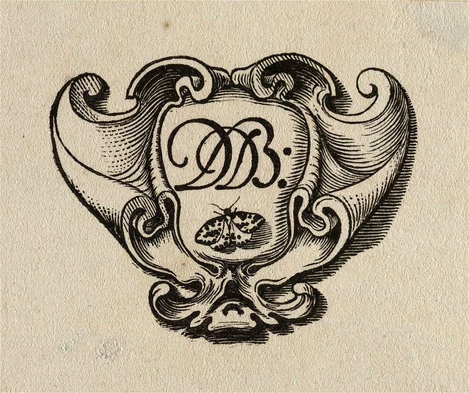 Wapenschild met de initialen van Dirck de Bray en een vlinder, omgeven door een rolwerkcartouche. NL-HlmNHA 1477 53010275