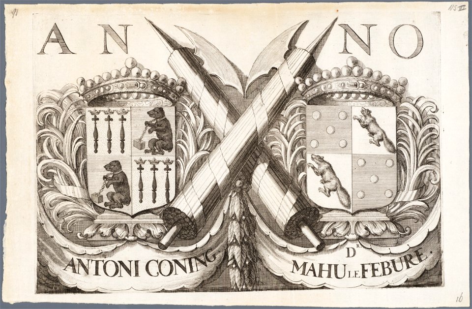 Wapens van Antonie Coning en Dr. Mahu le Febure, burgemeesters van Haarlem afbeelding door R. de Hooghe. - s.l. s.n. 1688. - 1 prent kopergravure moet 26 x 38,2 cm, blad 27,7, NL-HlmNHA 53008979