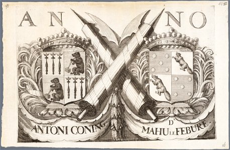 Wapens van Antonie Coning en Dr. Mahu le Febure, burgemeesters van Haarlem afbeelding door R. de Hooghe. - s.l. s.n. 1688. - 1 prent kopergravure moet 26 x 38,2 cm, blad 27,7, NL-HlmNHA 53008979