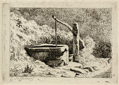 Waterput met hefboom. Op de voorgrond enkele emmers. NL-HlmNHA 1477 53012075