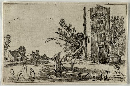 Vierkante toren bij een bevroren rivier met kolfspelers. NL-HlmNHA 53012483