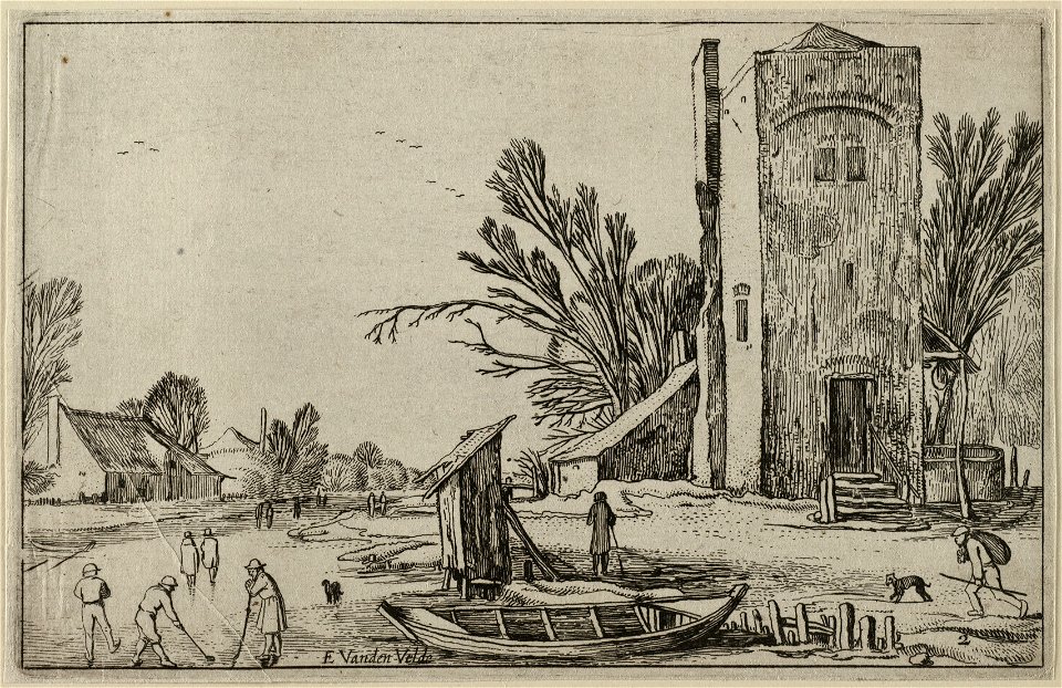 Vierkante toren bij een bevroren rivier met kolfspelers. NL-HlmNHA 53012209