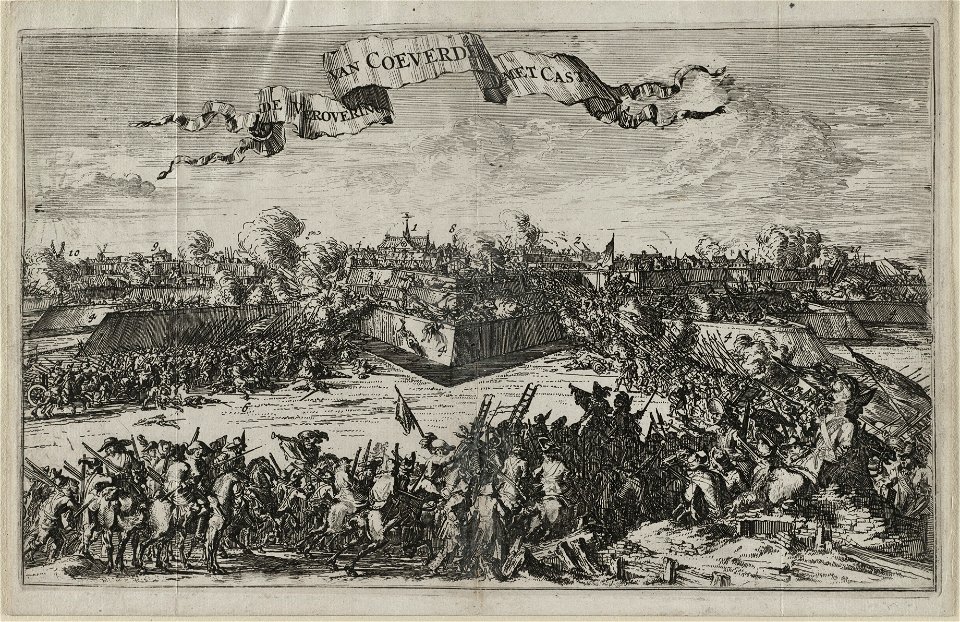 Voorstelling van de verovering van Coevorden op 30 december 1672 door de troepen onder leiding van Karl Rabenhaupt op de troepen van de bisschop van Munster. NL-HlmNHA 53009033