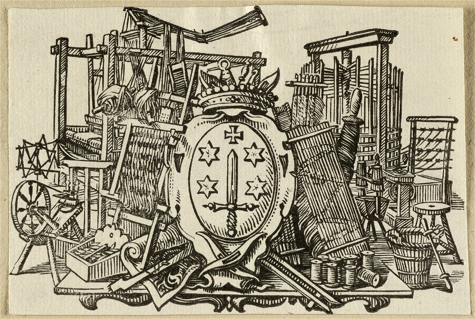 Vignet met het wapen van de stad Haarlem te midden van werktuigen uit de lakenhandel. NL-HlmNHA 1477 53012684