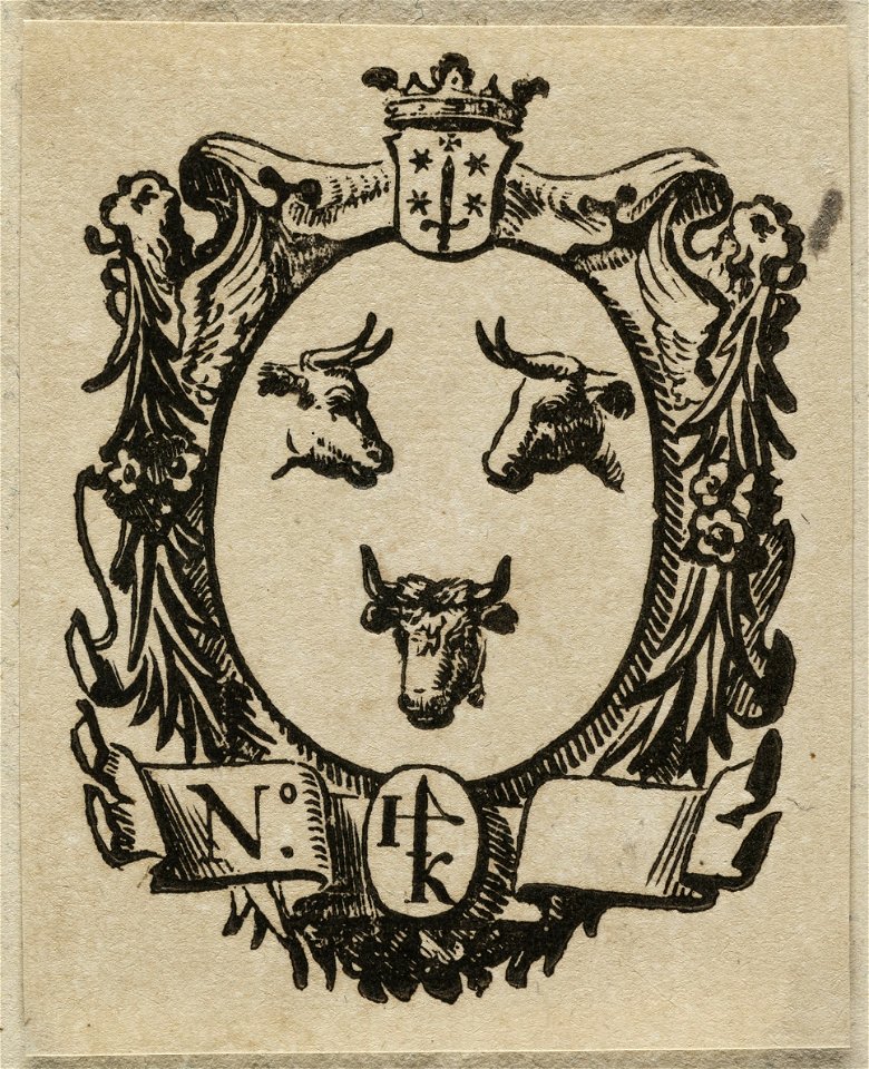 Vignet van Jan Kramer met drie ossenkoppen en stadswapen van Haarlem en monogram van Jan Kramer. NL-HlmNHA 1477 53012735