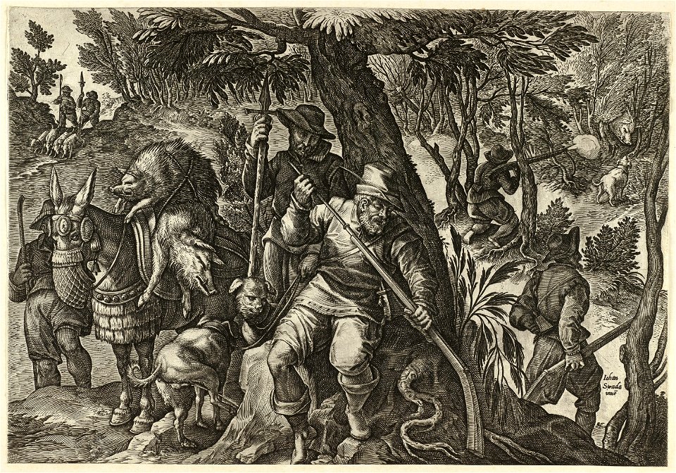 Wilde zwijnenjacht met jachtgeweren. NL-HlmNHA 1477 53008432