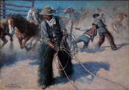 Roping Horses in the Corral by N. C. Wyeth, 1904. Free illustration for personal and commercial use.