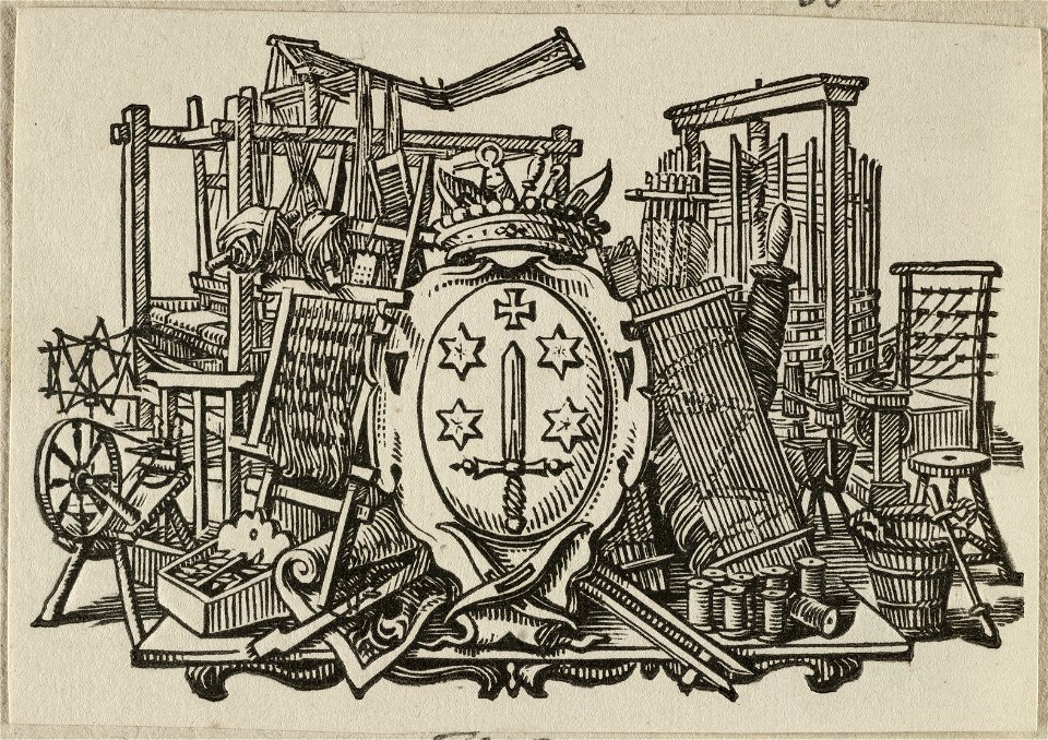 Vignet met het wapen van de stad Haarlem te midden van werktuigen uit de lakenhandel. NL-HlmNHA 1477 53012742