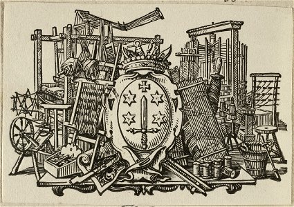 Vignet met het wapen van de stad Haarlem te midden van werktuigen uit de lakenhandel. NL-HlmNHA 1477 53012742